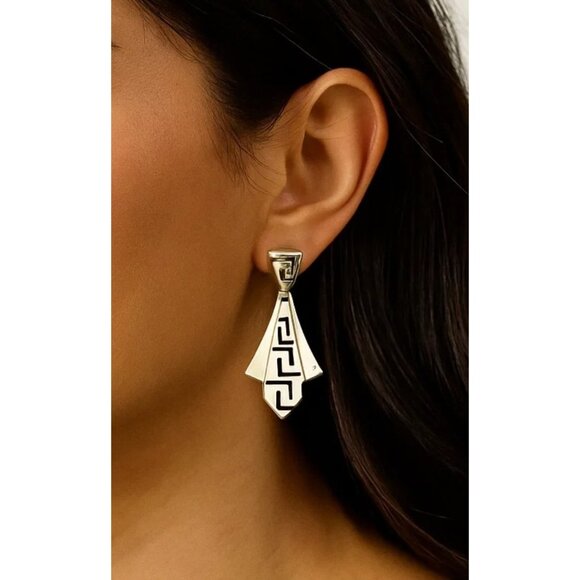 Vintage Sterling Silver 925 Greek Key Meander Dangle Hinged Pierced Earrings - Picture 1 of 6